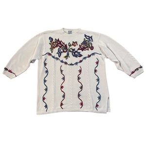 Koret Floral Embroidered Sweater Size 2X White Knit Pullover 3/4 Sleeve Grandma